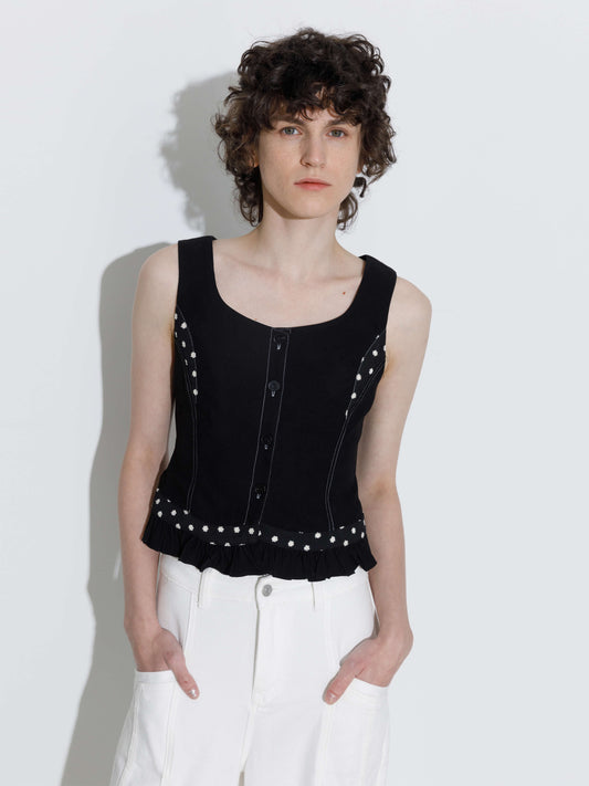 Buttoned Sleeveless Color-Block Lace Vest