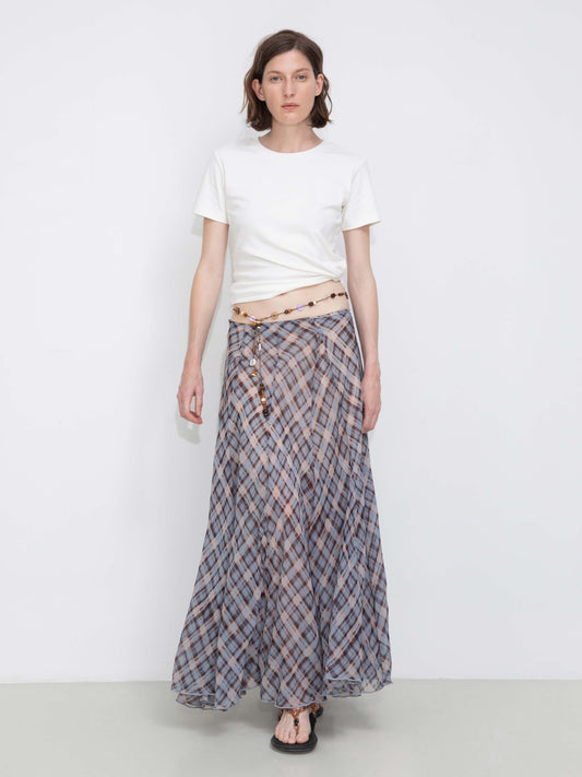 Asymmetrical Flowy Check Maxi Skirt-Blue