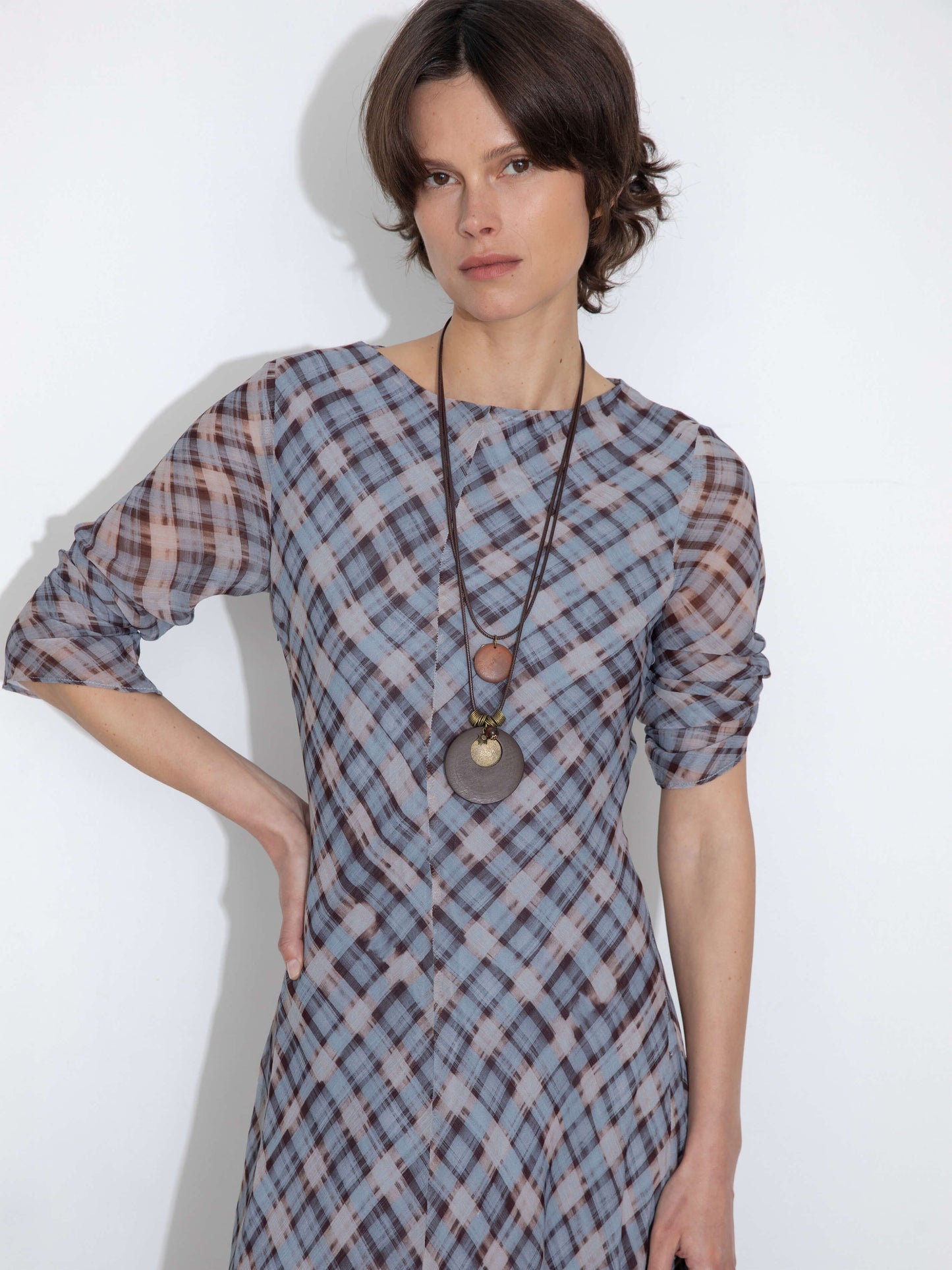Checkered Crew Neck Long Sleeve Dress