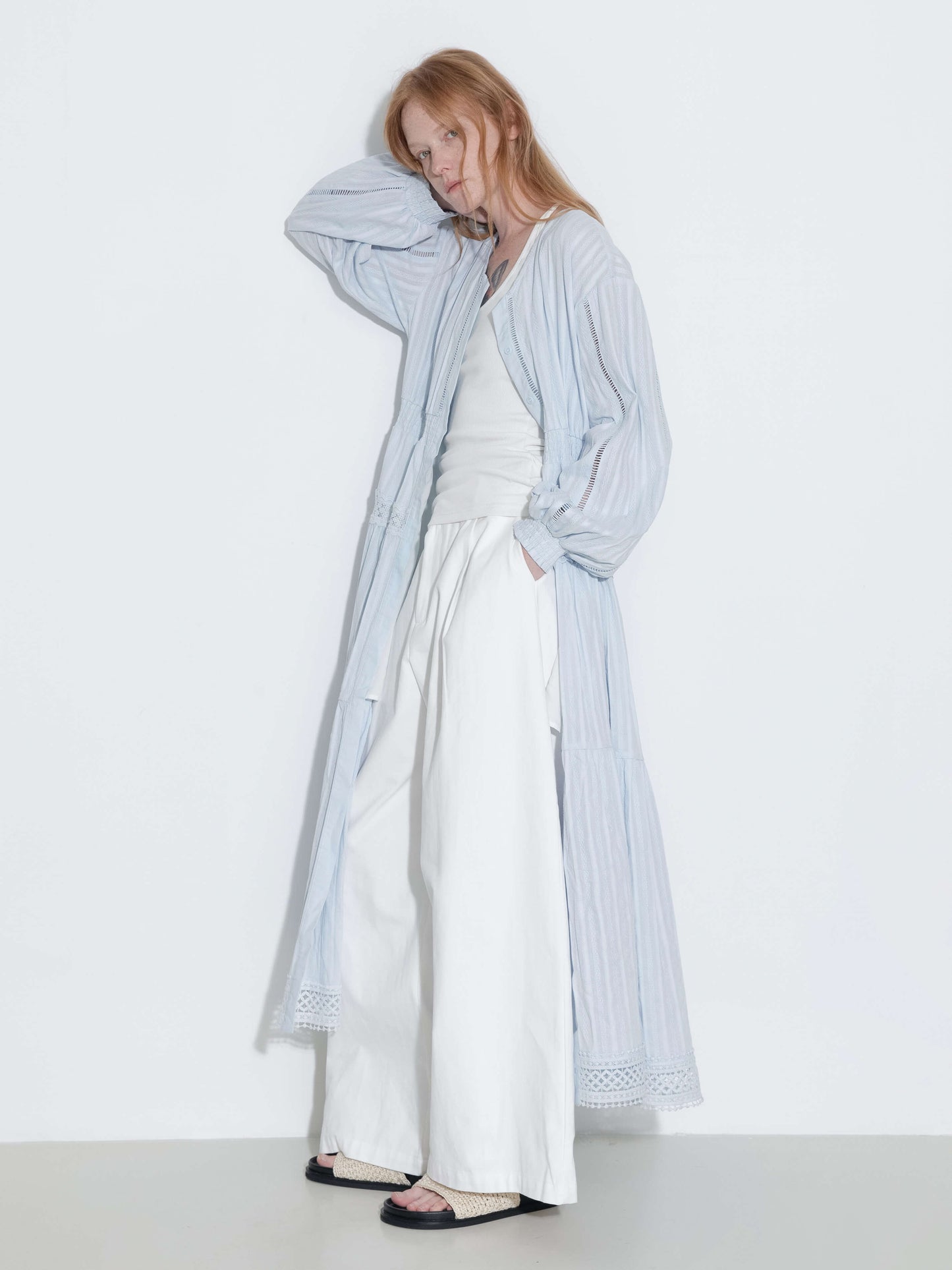 100% Cotton Lace Hollow V-Neck Waist-Cinched Maxi Dress