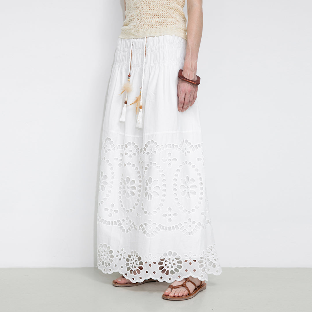 Eyelet Floral Elastic Waist Maxi Skirt
