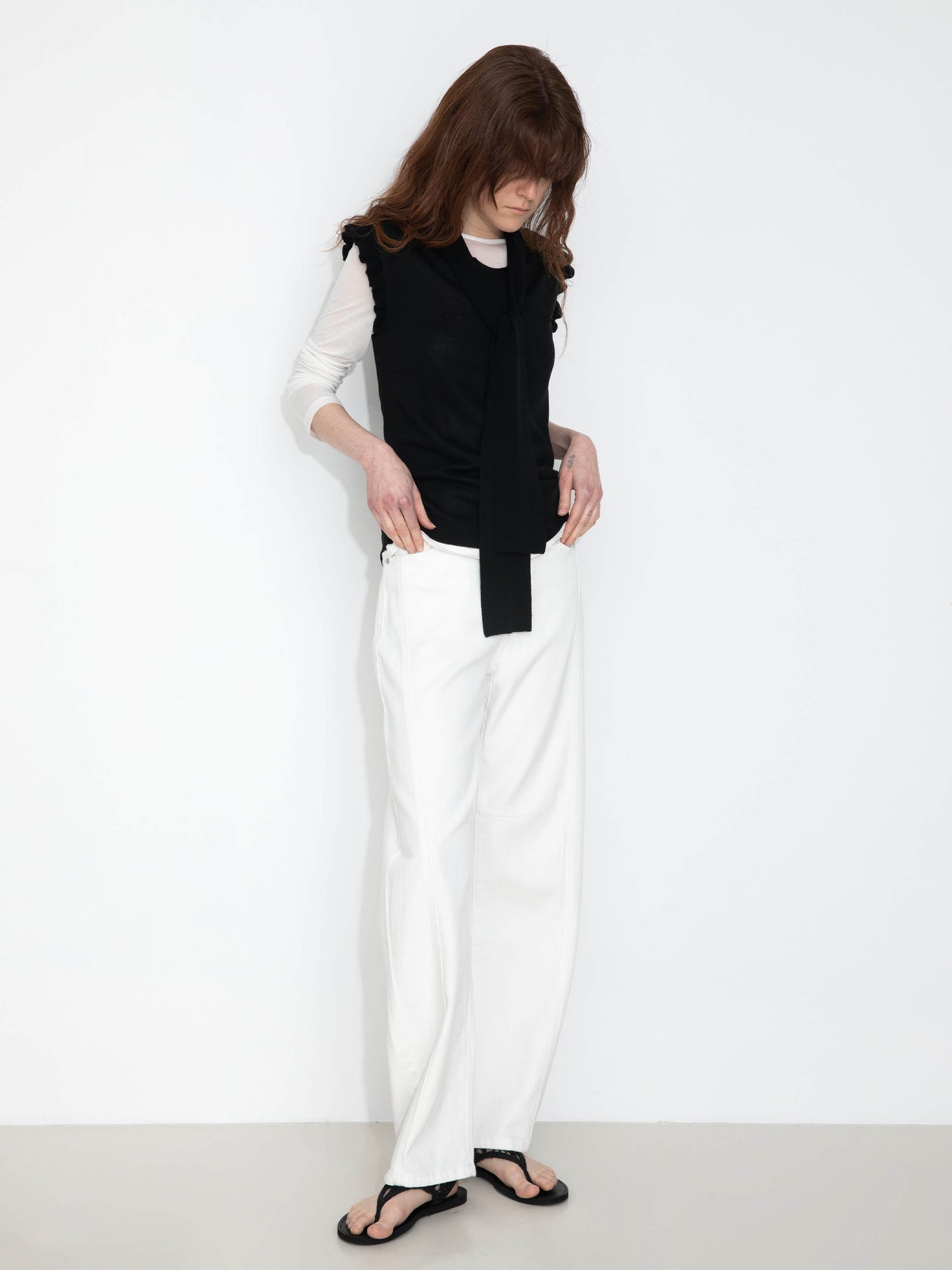 Ruffled Sleeve Sleeveless Knit Top with Attached Scarf