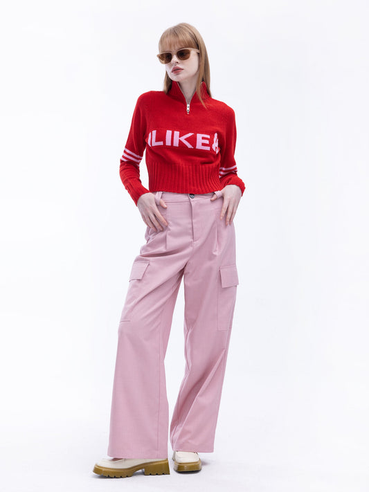 High Neck Zip Up Crop Knit Top
