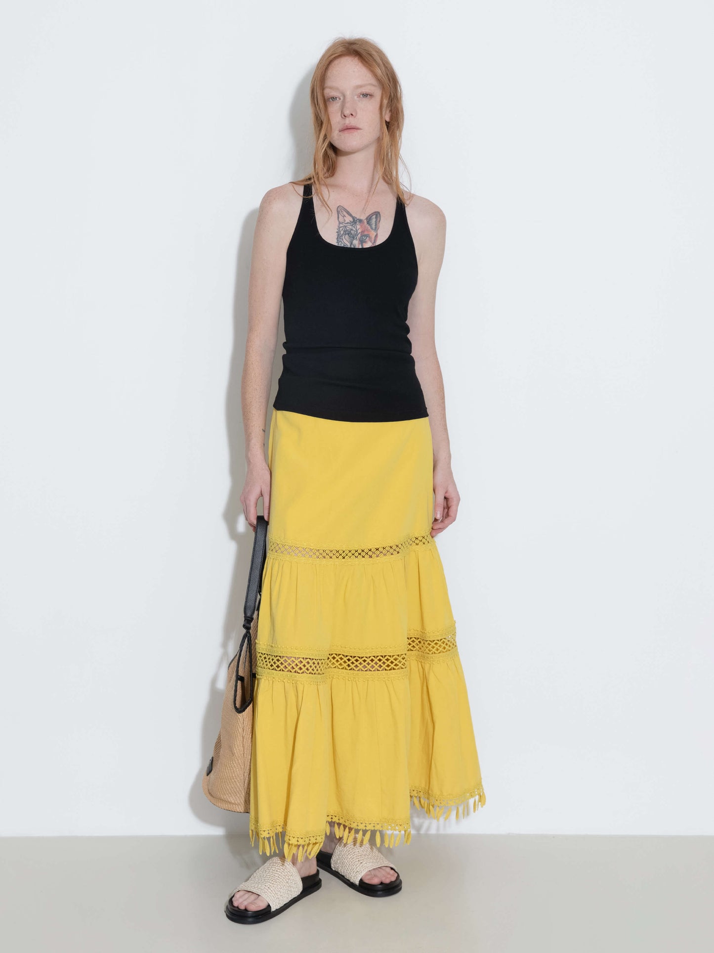 High-Waisted Hollow Out Tassel Trim Maxi Skirt
