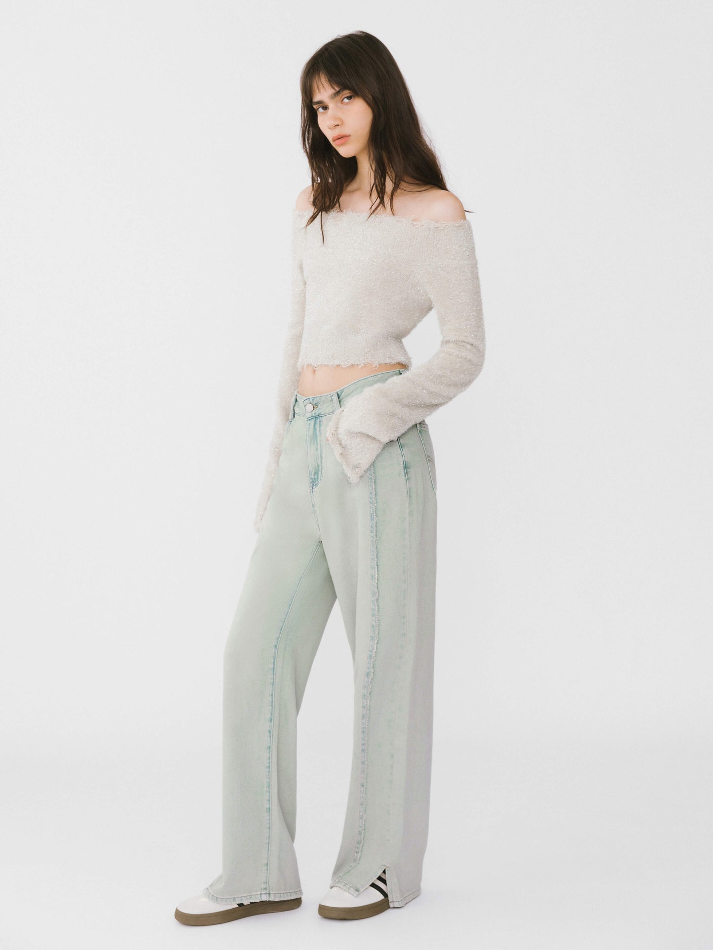 Off-Shoulder Long Sleeve Knit Crop Top