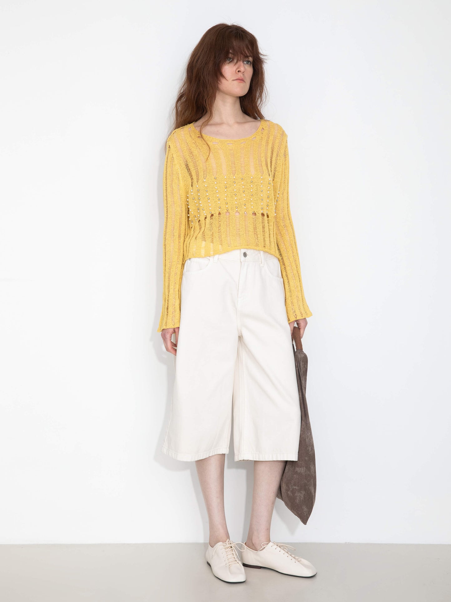 Beaded Hollow-Out Knit Top with Flare Sleeves
