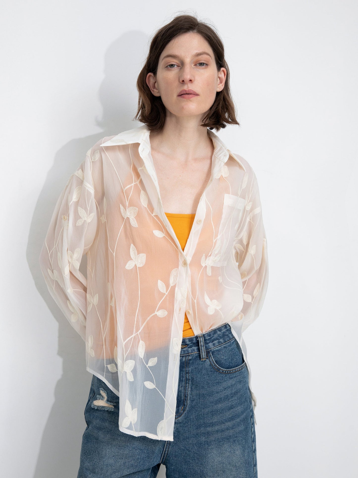 Lightweight Ice Silk Embroidered Sheer Shirt