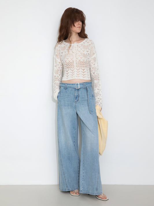 Tie Hollow-Out Knit Long Sleeve Cardigan