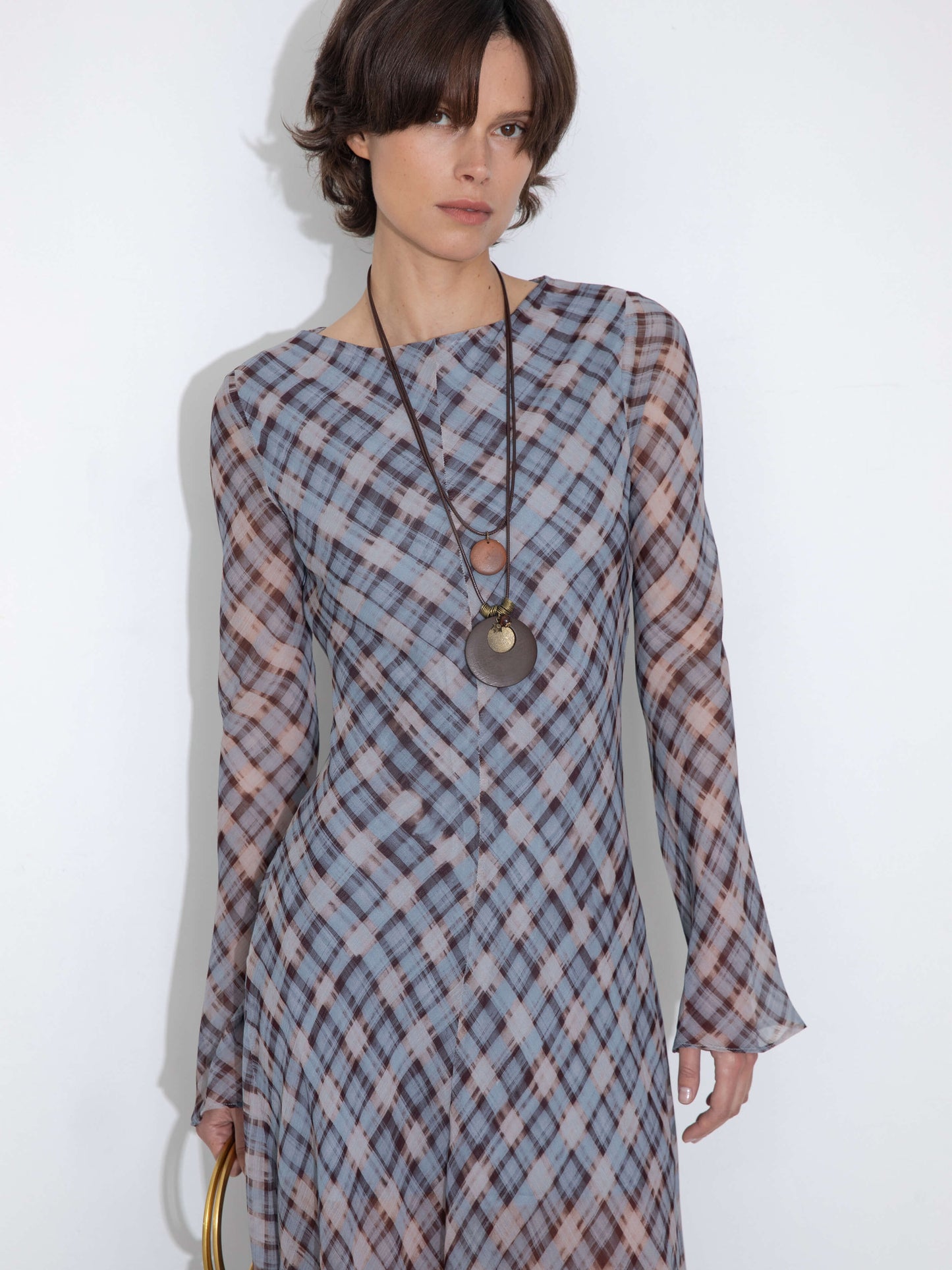 Checkered Crew Neck Long Sleeve Dress