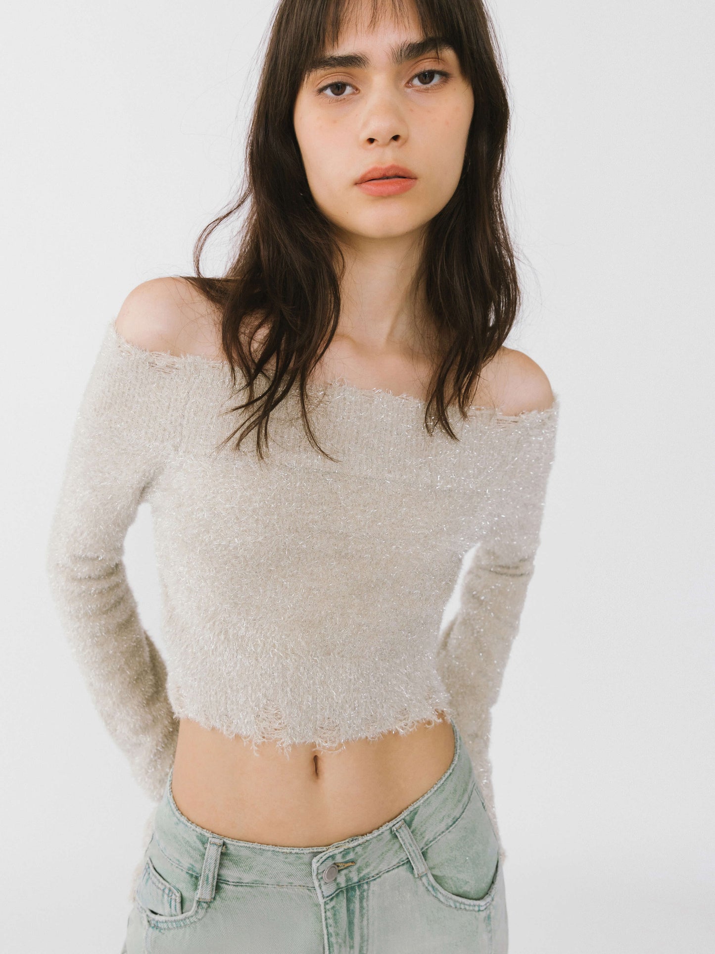 Off-Shoulder Long Sleeve Knit Crop Top