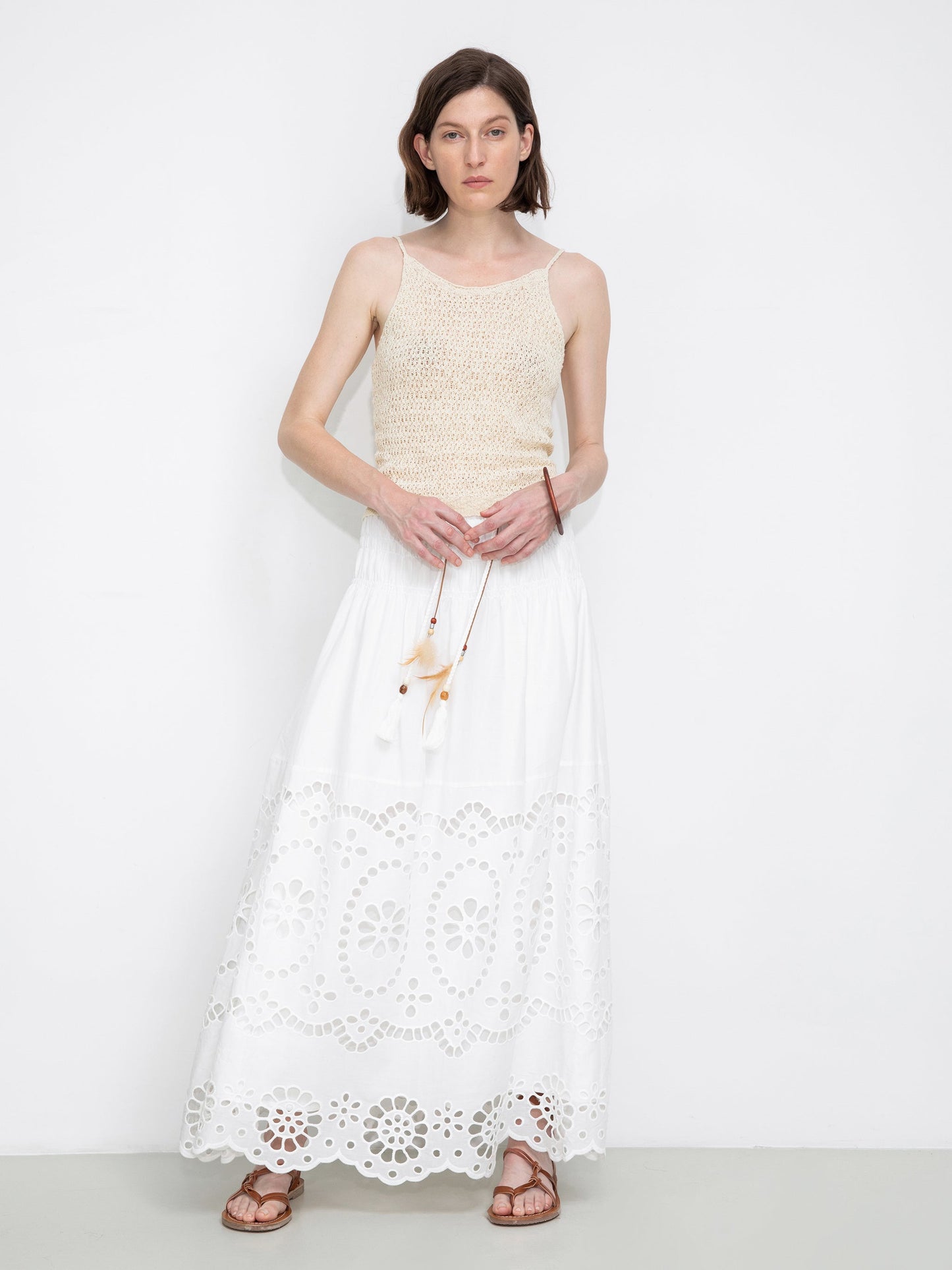 Eyelet Floral Elastic Waist Maxi Skirt