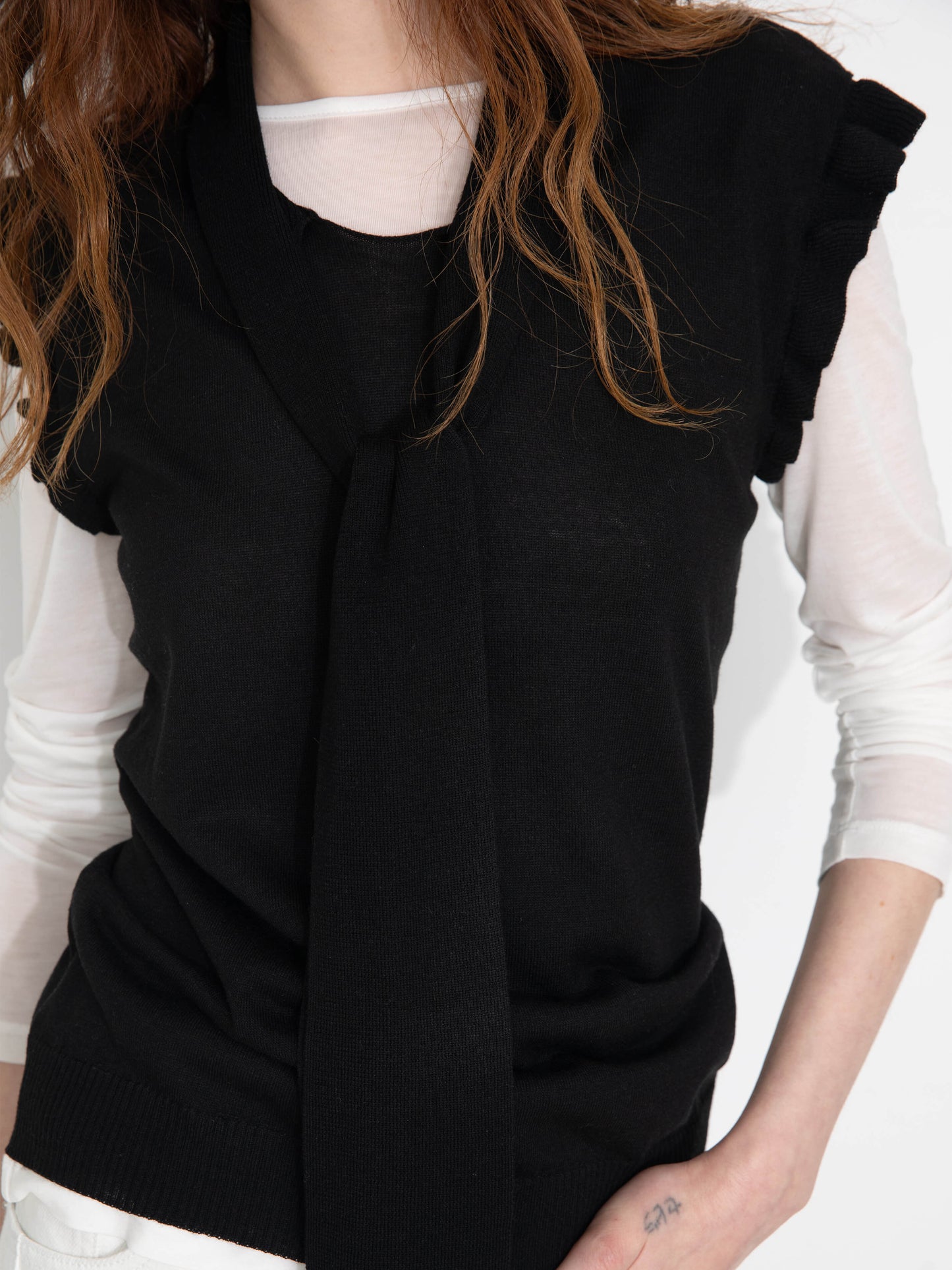 Ruffled Sleeve Sleeveless Knit Top with Attached Scarf