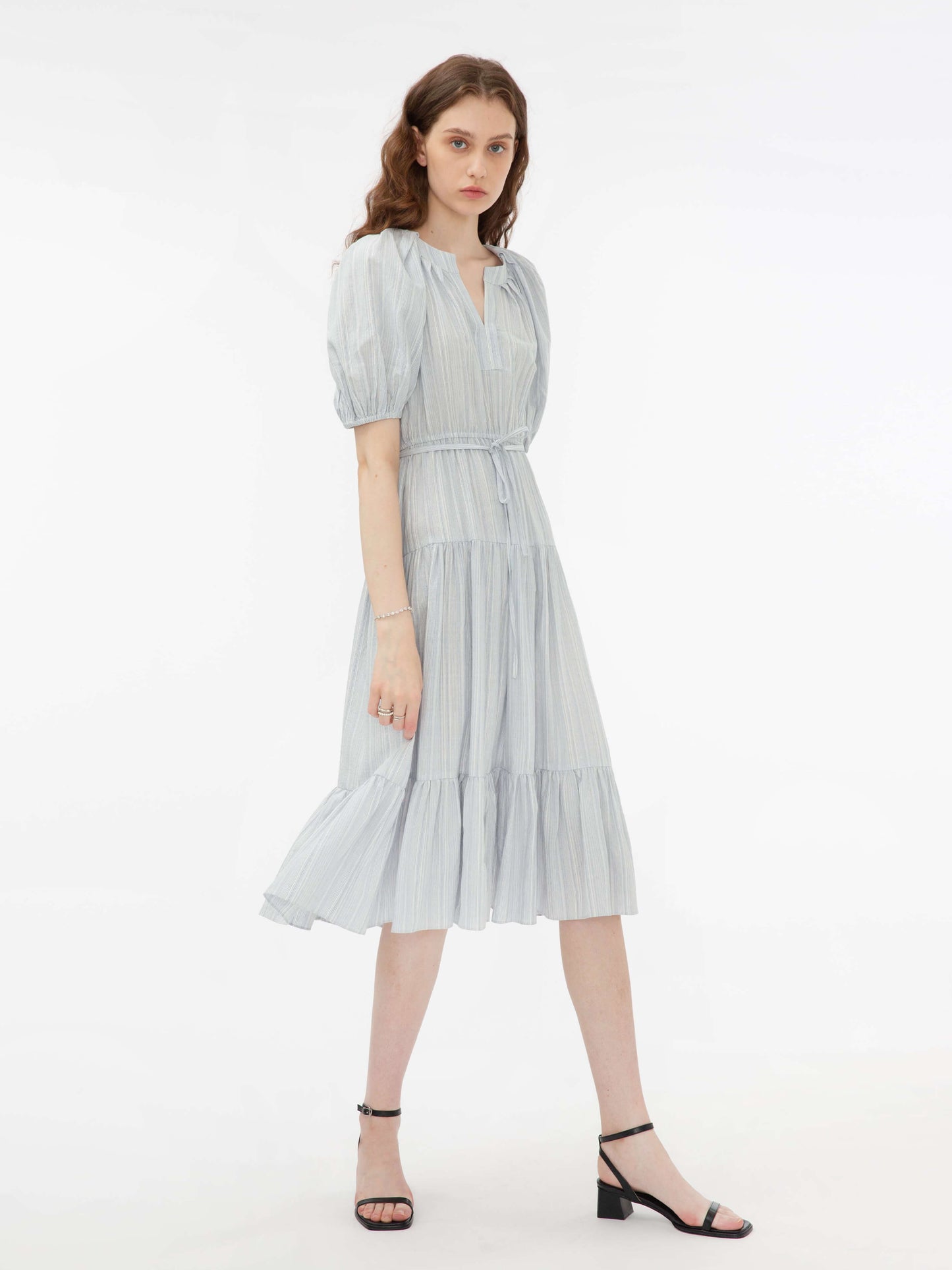 Puff Sleeve V-Neck Tiered Dress