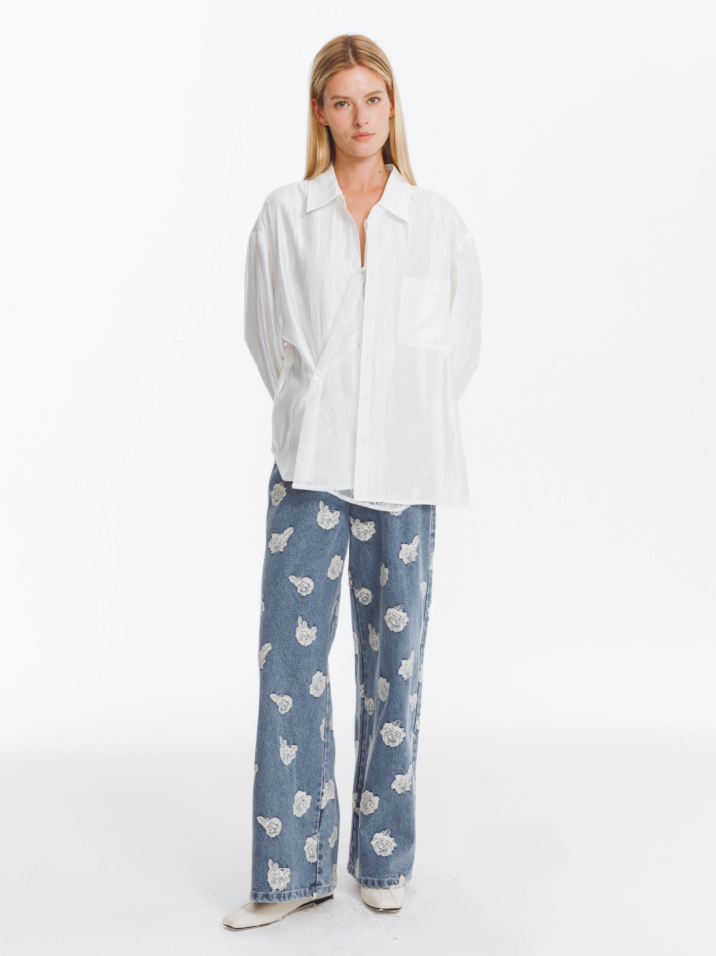 Retro Rose Print Washed Straight Leg Jeans