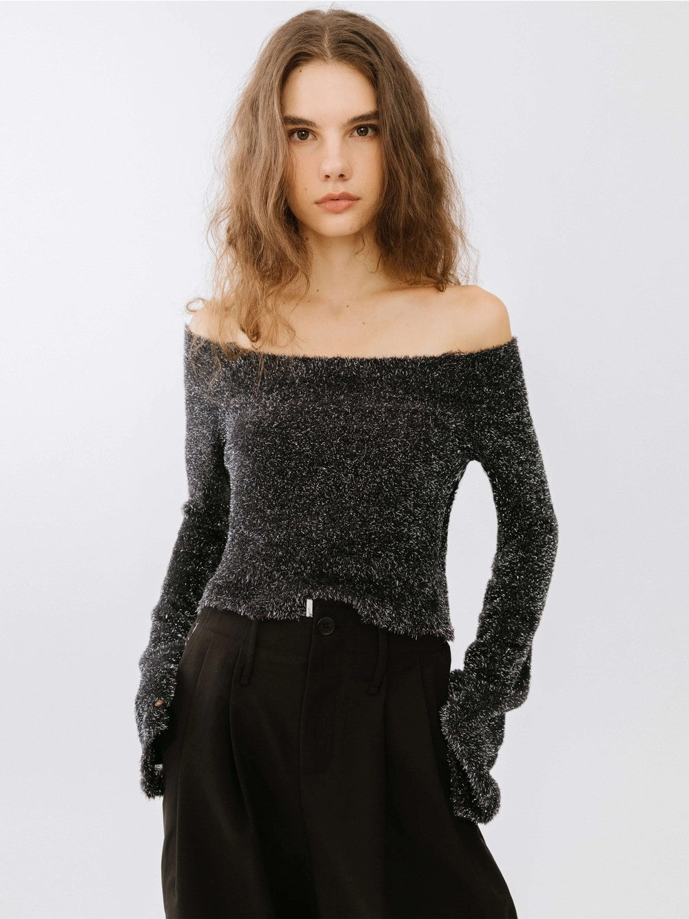 Off-Shoulder Long Sleeve Knit Crop Top