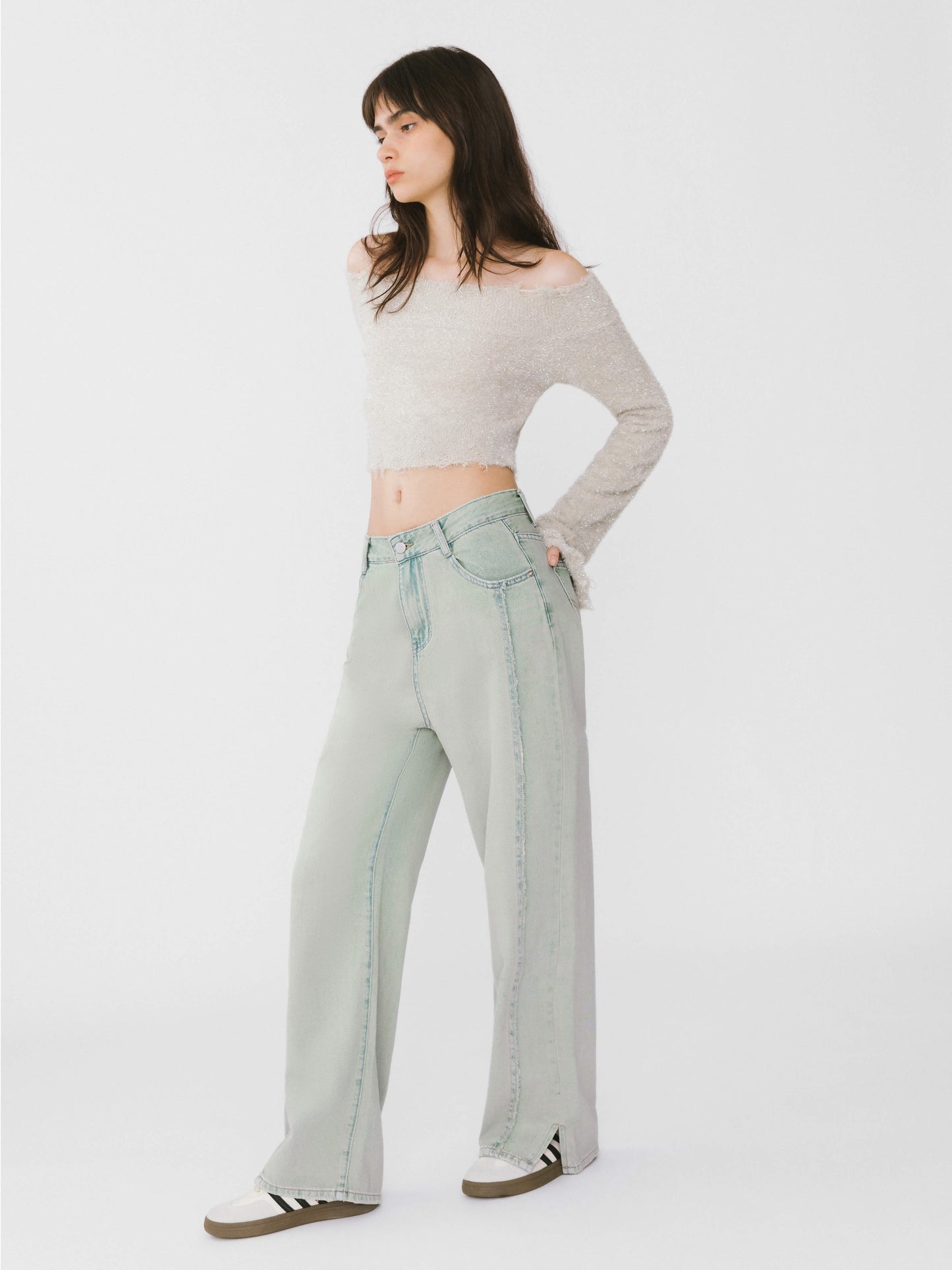 Off-Shoulder Long Sleeve Knit Crop Top