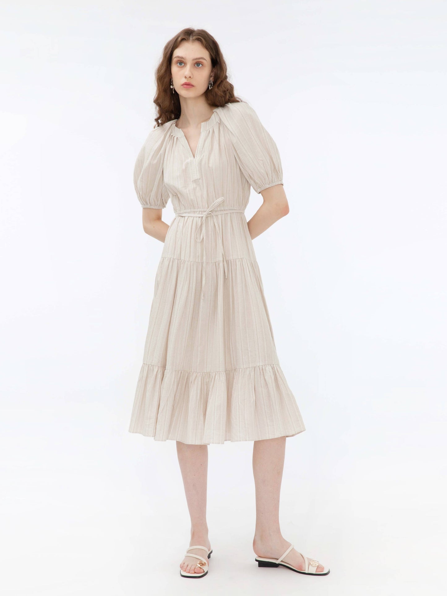 Puff Sleeve V-Neck Tiered Dress