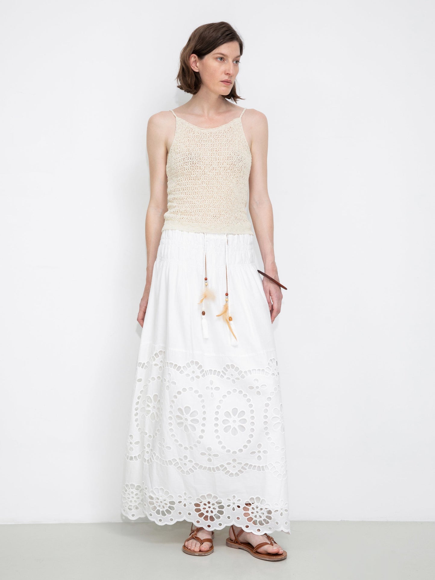 Eyelet Floral Elastic Waist Maxi Skirt