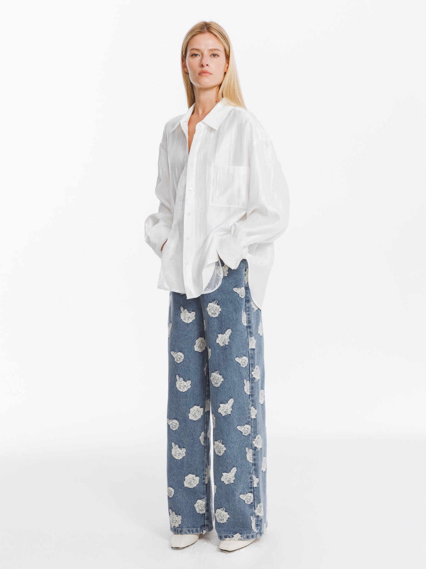 Retro Rose Print Washed Straight Leg Jeans