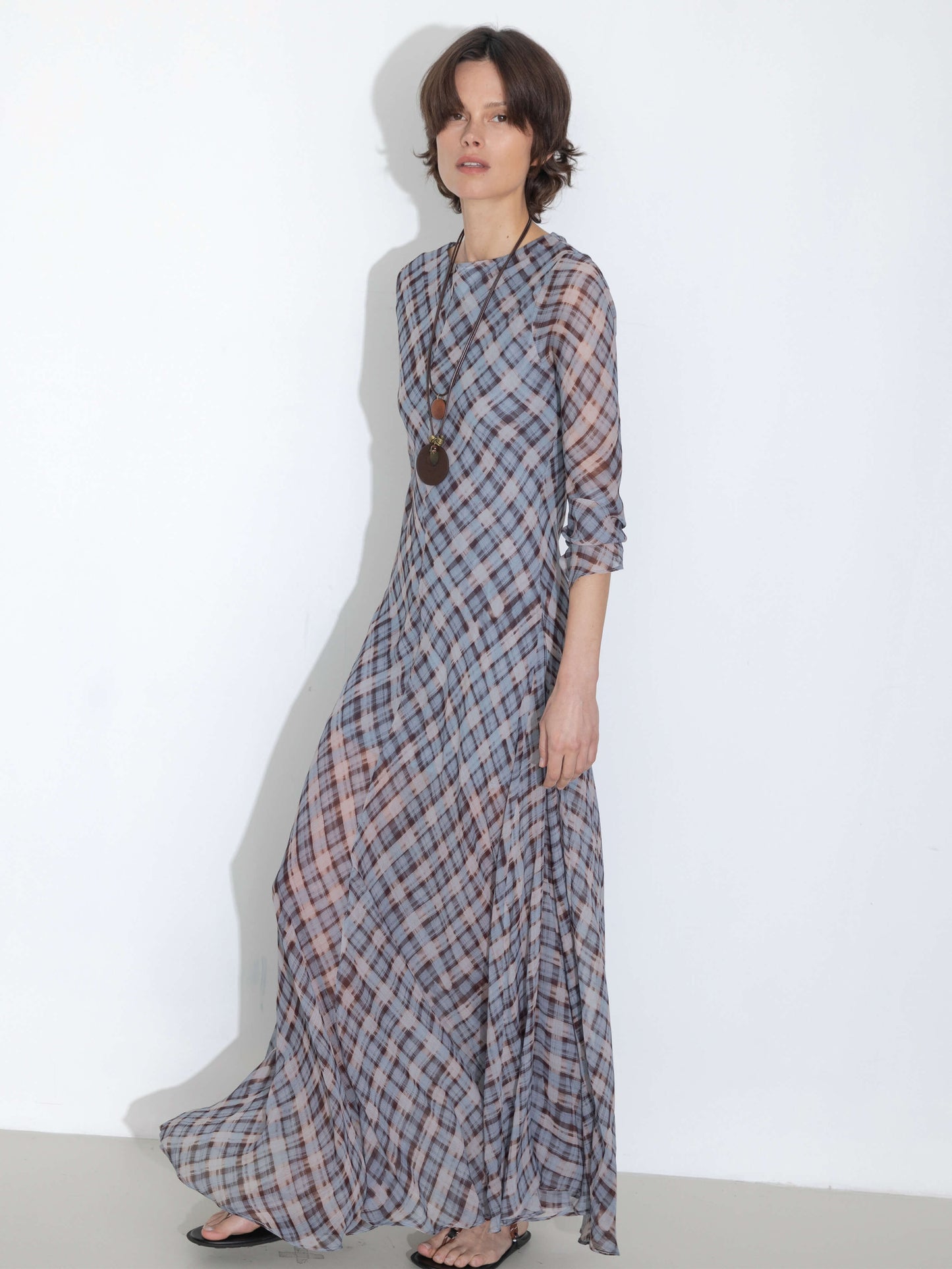 Checkered Crew Neck Long Sleeve Dress