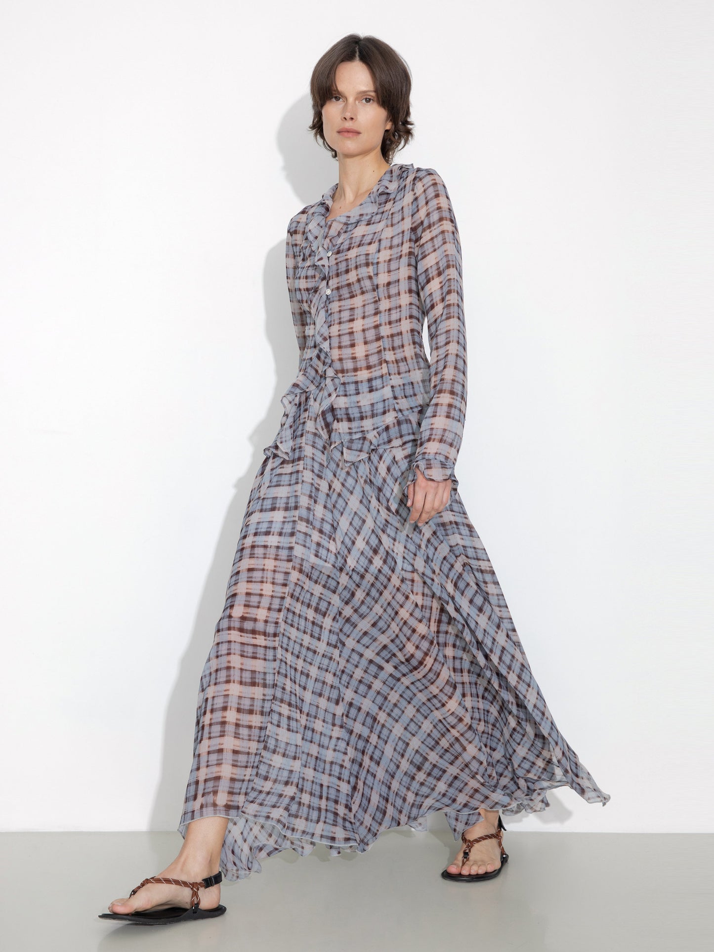 Semi-Sheer Ruffle Trim Check Shirt