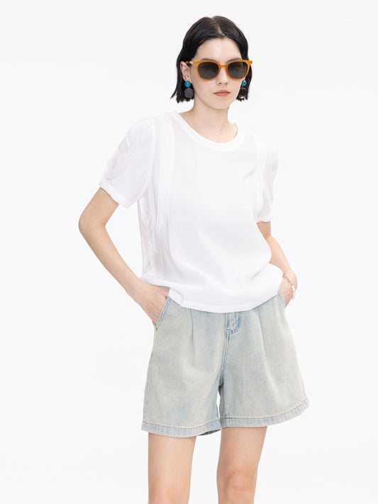 Wide Leg Pleated Denim Shorts