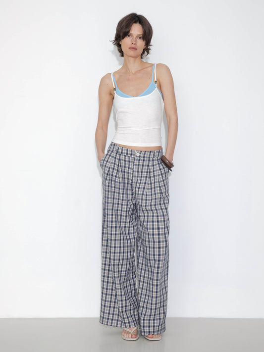 Striped Check High-Waisted Wide-Leg Casual Pants