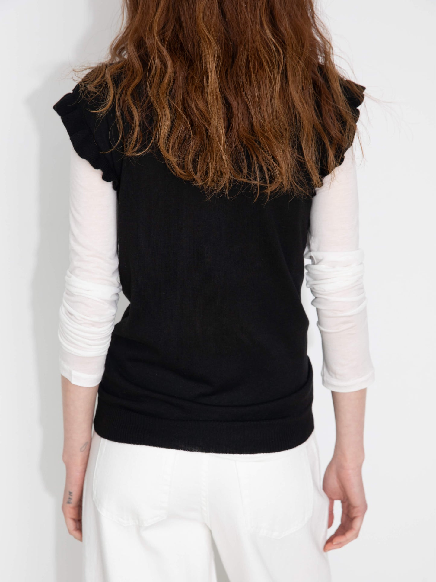 Ruffled Sleeve Sleeveless Knit Top with Attached Scarf