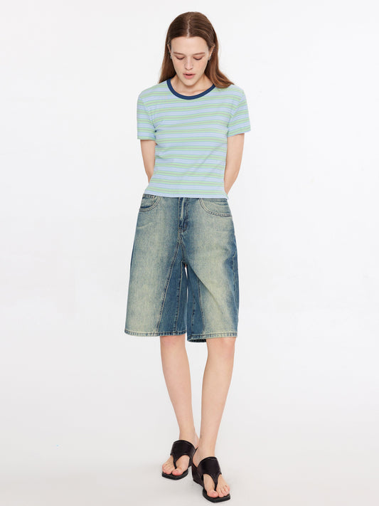 Striped Rib Knit T-Shirt