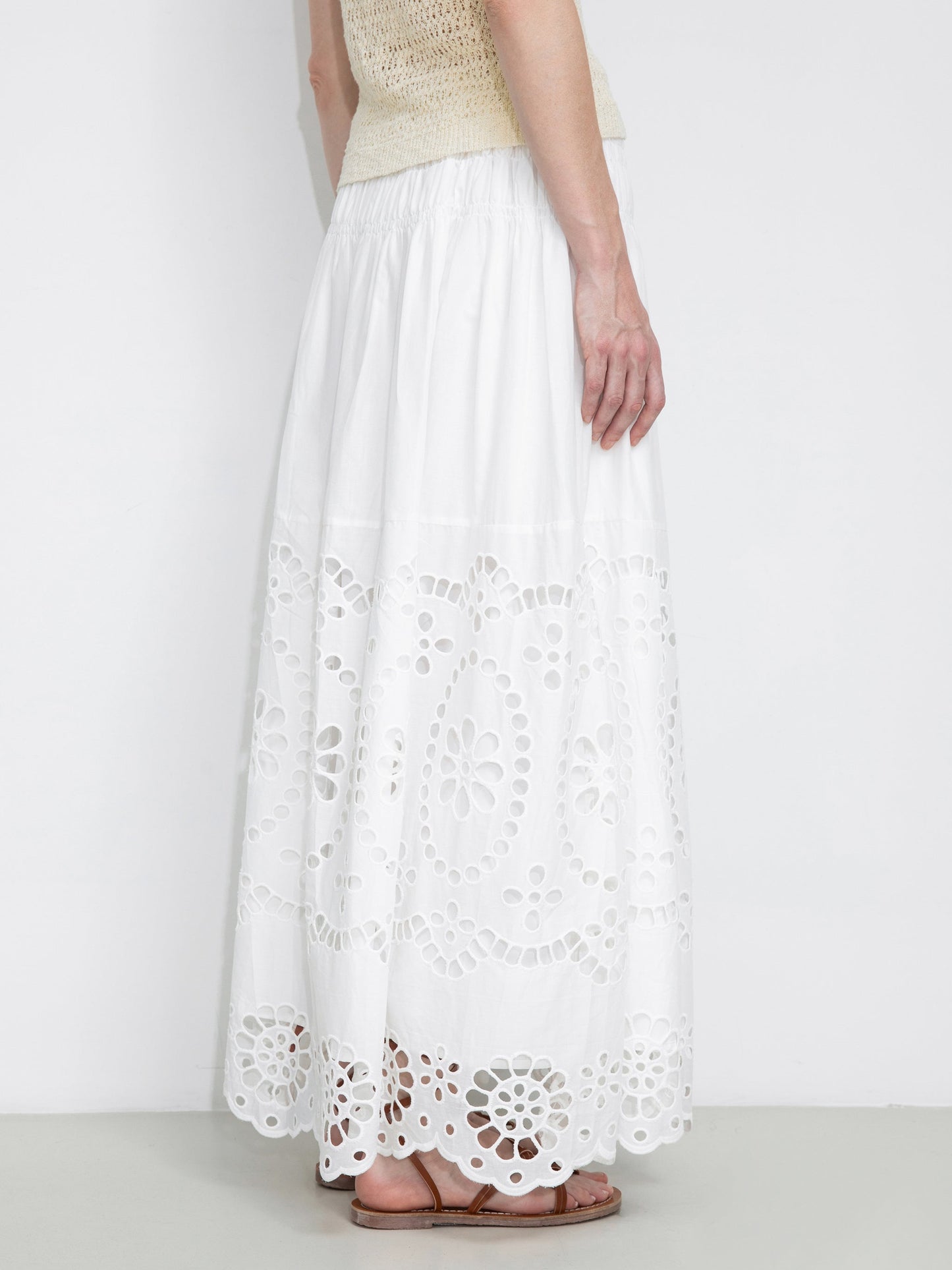 Eyelet Floral Elastic Waist Maxi Skirt