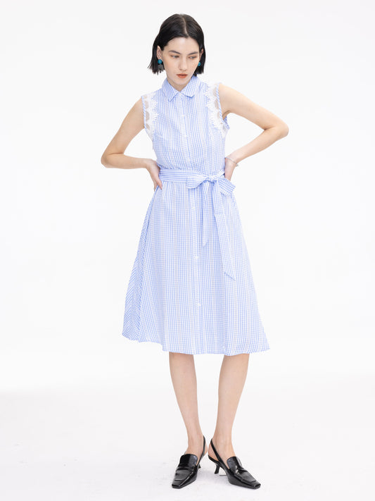 Plaid and Lace Sleeveless Shirt Dress