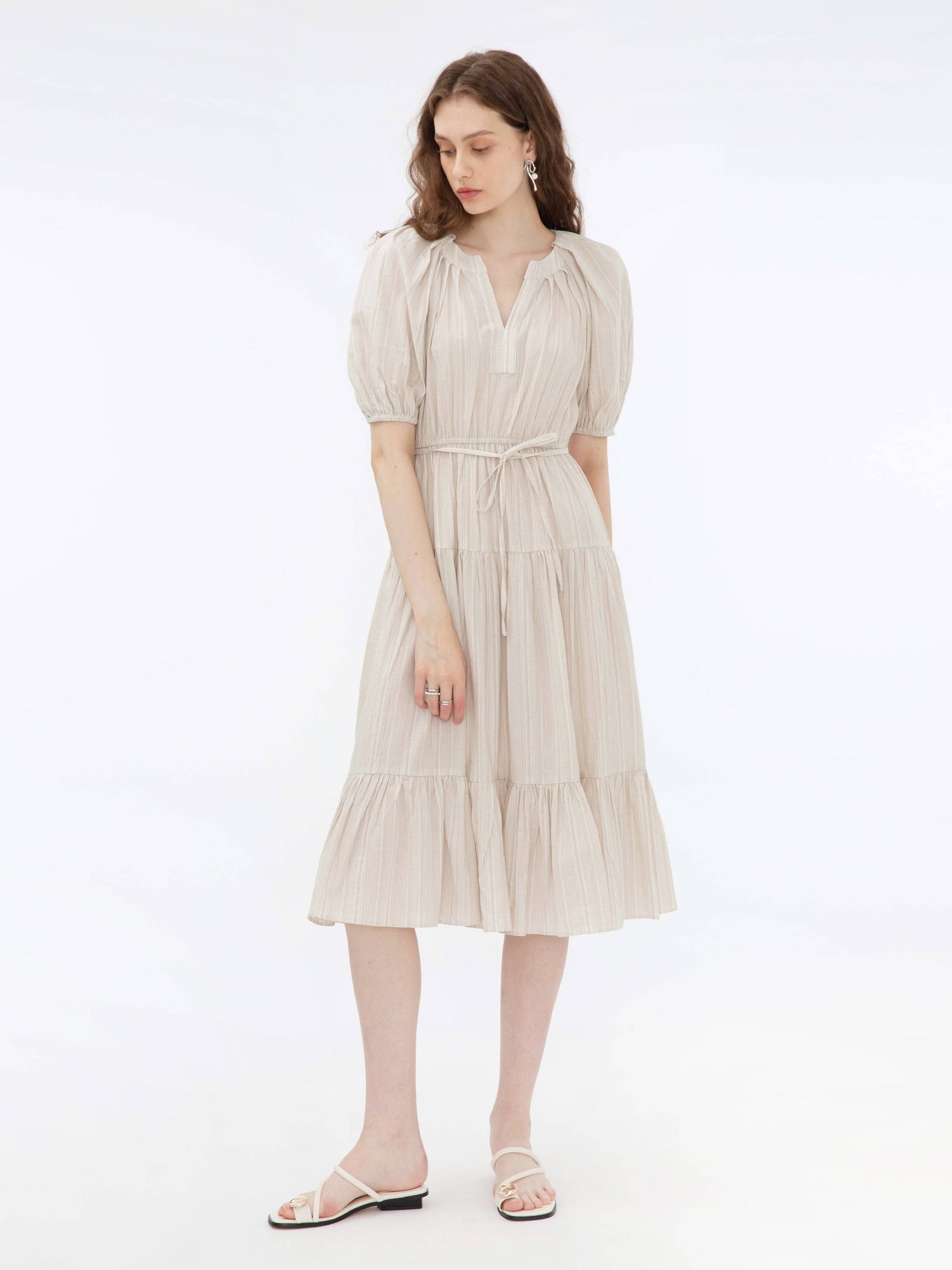 Puff Sleeve V-Neck Tiered Dress