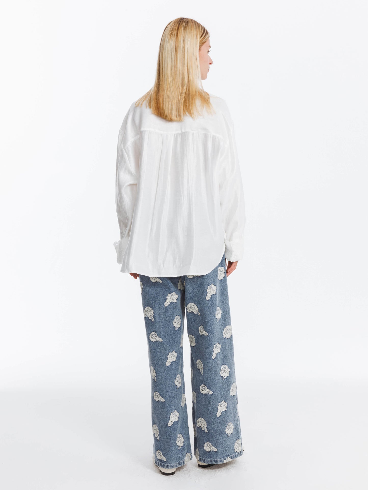 Retro Rose Print Washed Straight Leg Jeans