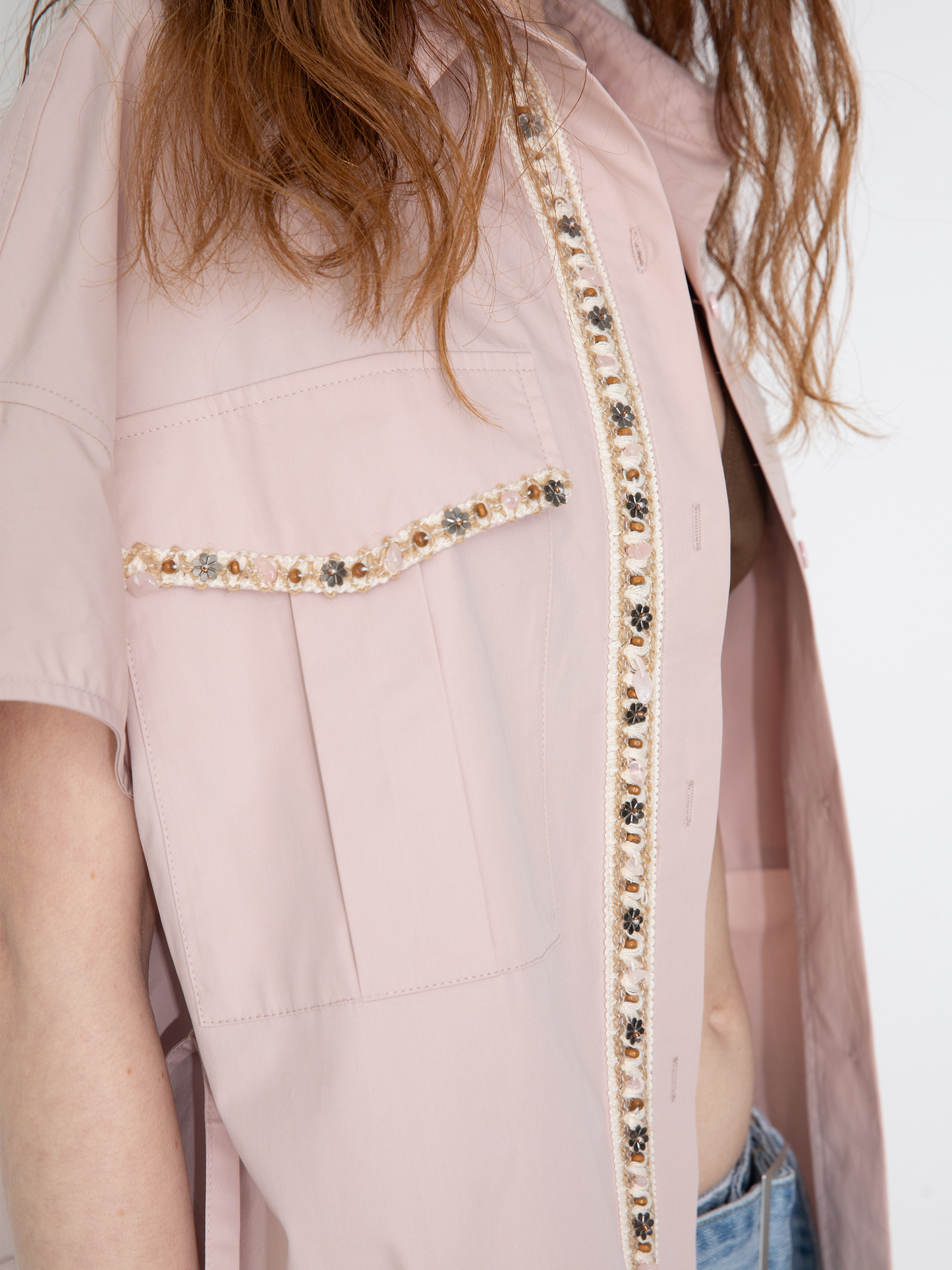 Beaded Placket Utility Short-Sleeve Shirt