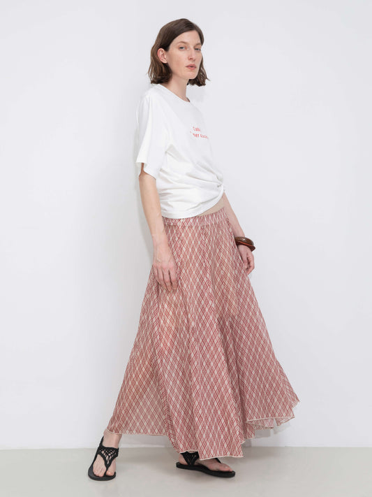 Asymmetrical Flowy Check Maxi Skirt-Red