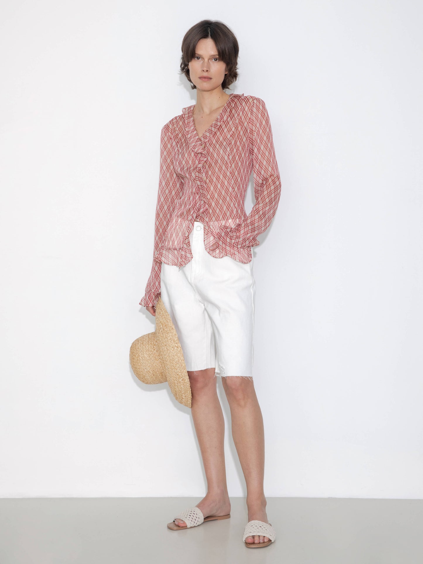 Semi-Sheer Ruffle Trim Check Shirt