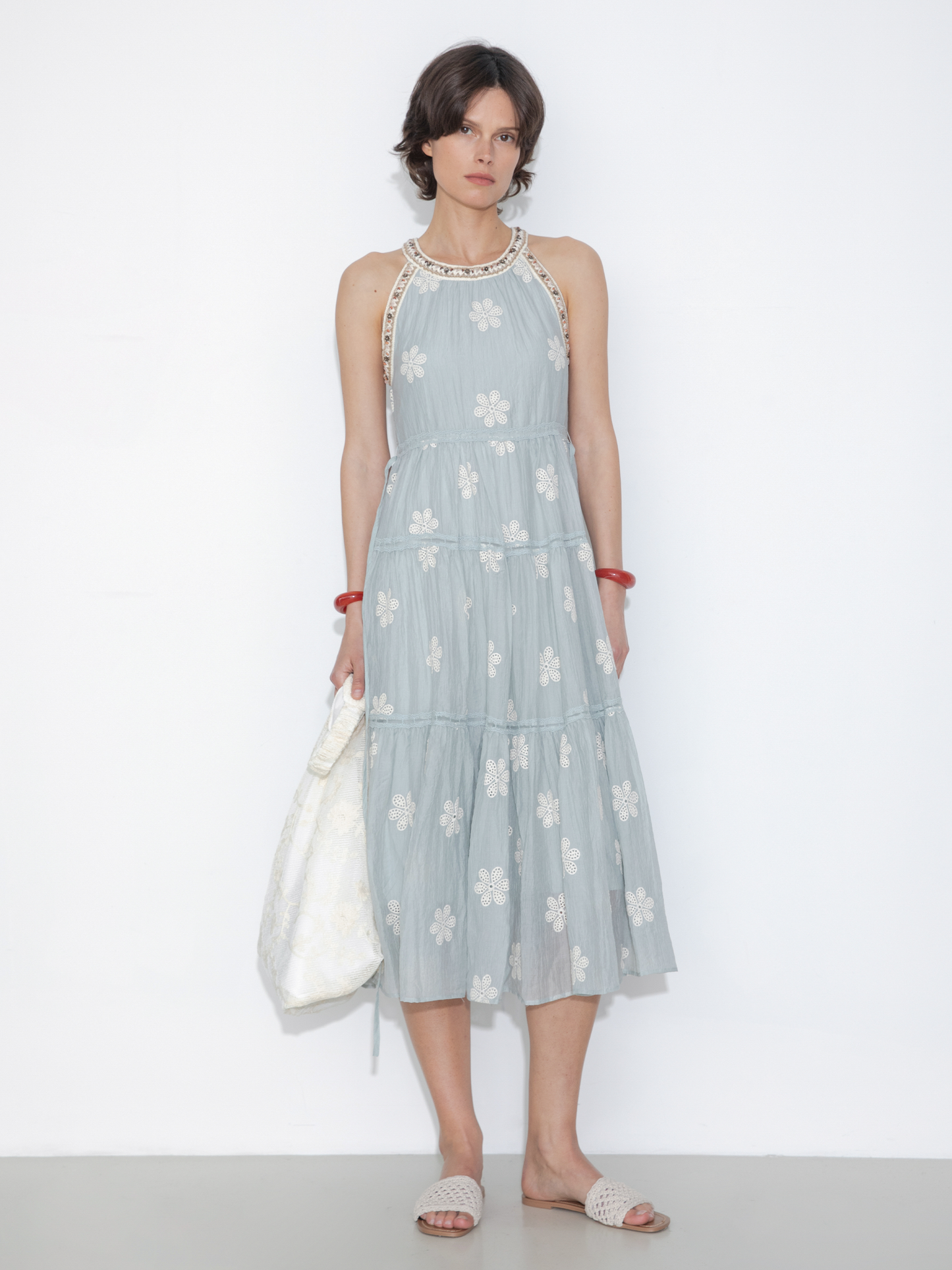 A-Line Halter Round-Neck Embroidered Maxi Dress