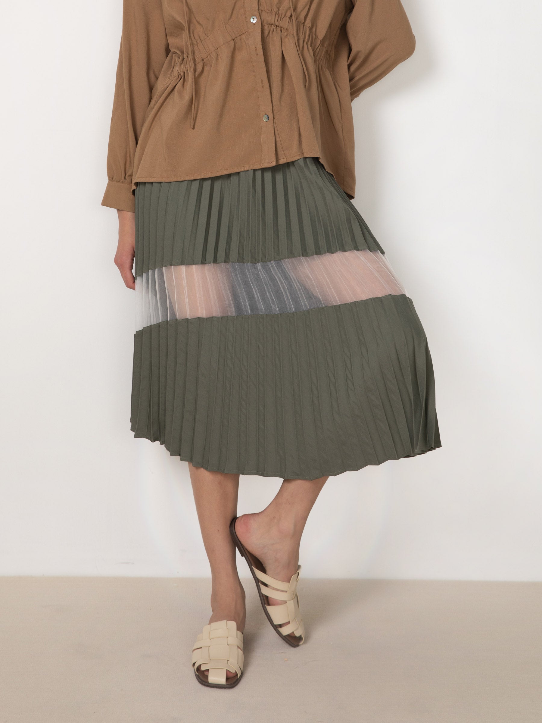 CUBIC Women's Sheer Panel Pleated Midi Skirt