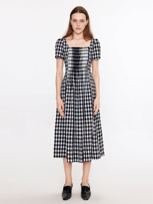 Square Neck Checkered Midi Dress