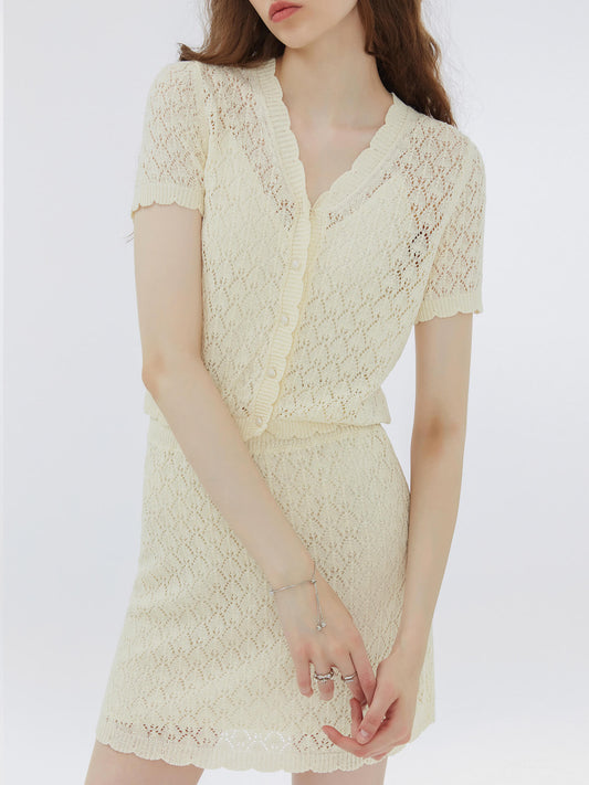 Thin Lace Knit Cardigan and Mini Skirt Set