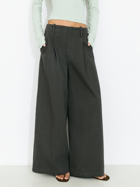 100% Cotton High-Waisted Wide-Leg Casual Trousers