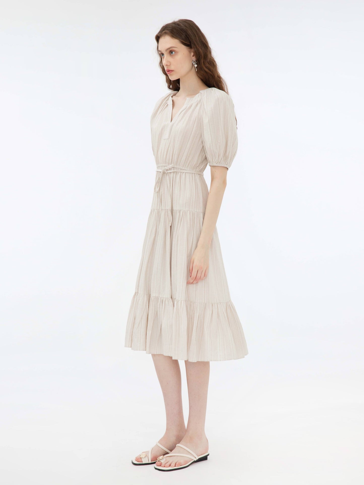 Puff Sleeve V-Neck Tiered Dress