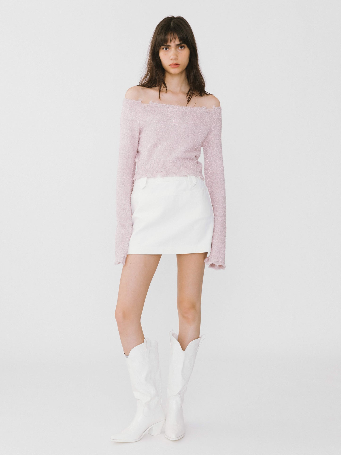 Off-Shoulder Long Sleeve Knit Crop Top
