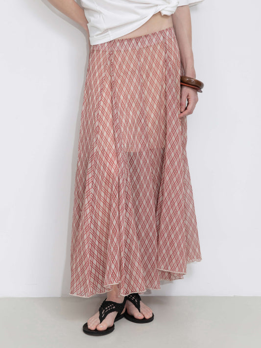 Asymmetrical Flowy Check Maxi Skirt-Red