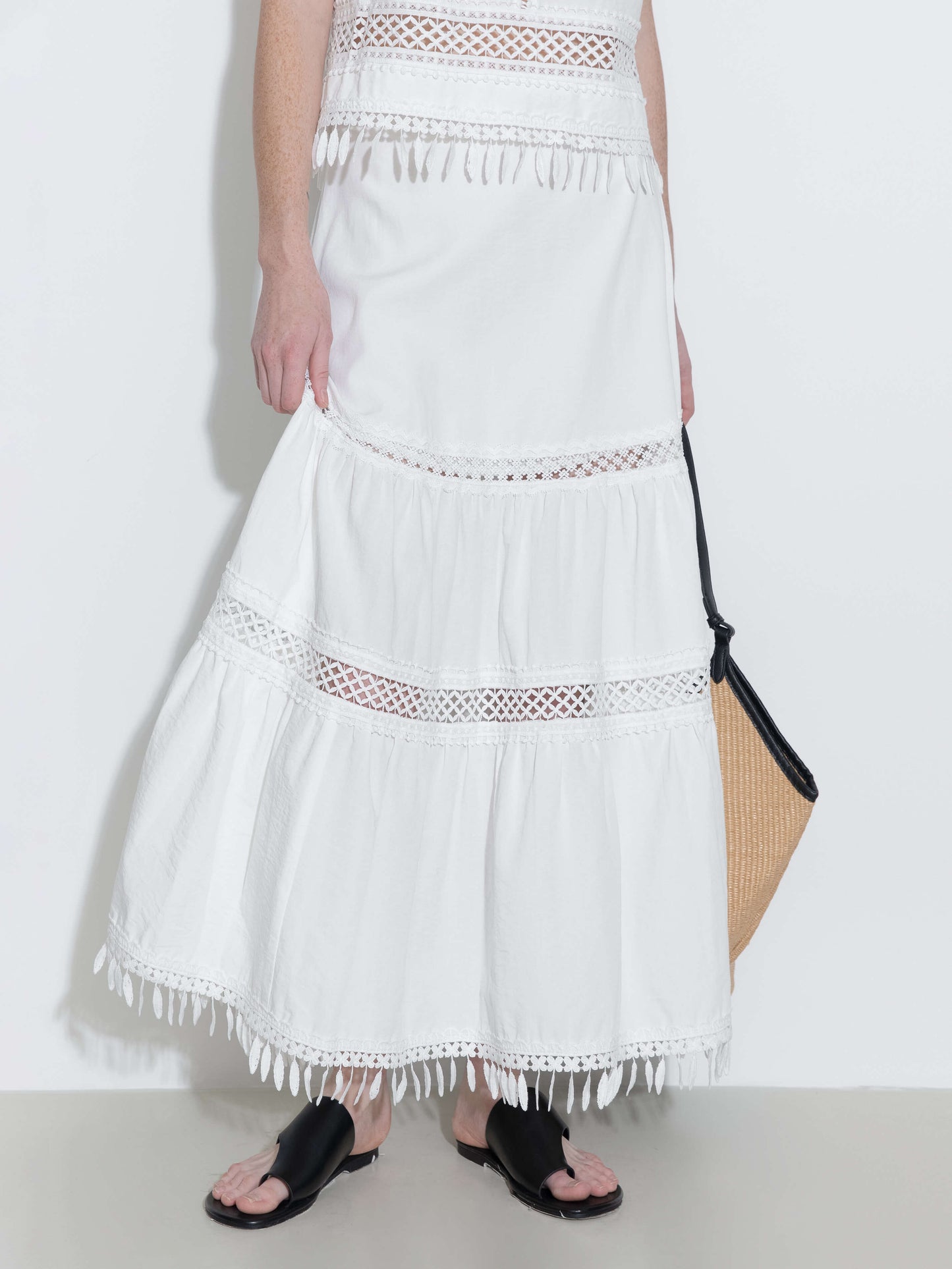 High-Waisted Hollow Out Tassel Trim Maxi Skirt