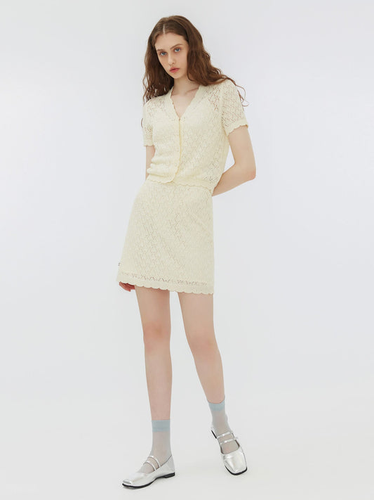 Thin Lace Knit Cardigan and Mini Skirt Set