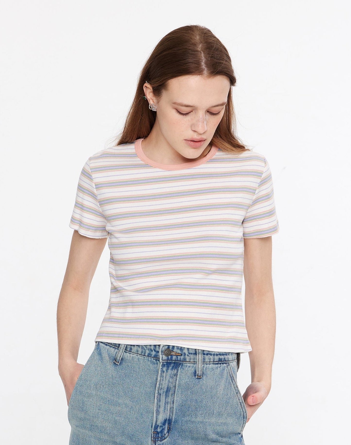 Striped Rib Knit T-Shirt