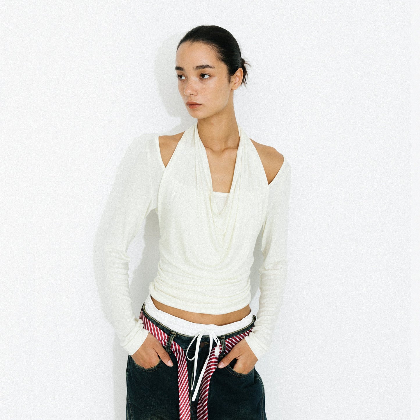 Halter V-Neck Long-Sleeve T-Shirt