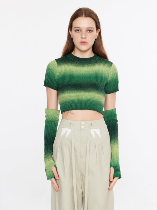Striped Cropped Knit T-Shirt With Sleeves