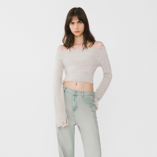 Off-Shoulder Long Sleeve Knit Crop Top